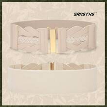 Vintage Stretchy Wide Elastic Belt With Gold Buckle For Women - 米色 - 查看 5