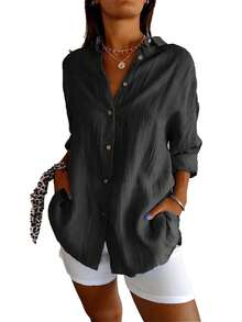 Women's Long Sleeve Striped Shirt With Buttons - màu đen - Xem 3