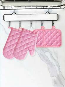 4 قطع مجموعة قفازات فرن وحصيرة عزل ذات لون واحد مقاومة للحرارة لخبز وطهي القفازات مقاومة للحرارة لفرن الميكروويف والحصيرة