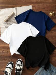 3pcs Tween Boys' "Italian Brainrot" Graphic Print Crew Neck Short Sleeve T-Shirts, Summer Tops - Navy Blue - View 2