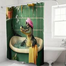 1Pc 71x71 Inches, 12 Hooks Included, Alligator In Bathtub Shower Curtain With Whimsical Realistic Design - Alligator With Pink Shower Cap In Green Bathroom Print, Polyester Fabric, Perfect For Those Who Love Whimsical Bathroom Decor, Bathroom Decor | Whimsical Realistic Style | Polyester Curtain, Shower Curtains For Bathroom, Add A Whimsical Realistic Touch To Your Bathroom, Easy Installation - Xanh lá cây 331 - Xem 4