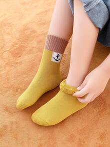 5 双儿童厚款保暖内衬锚形图案中筒保暖袜，秋冬款