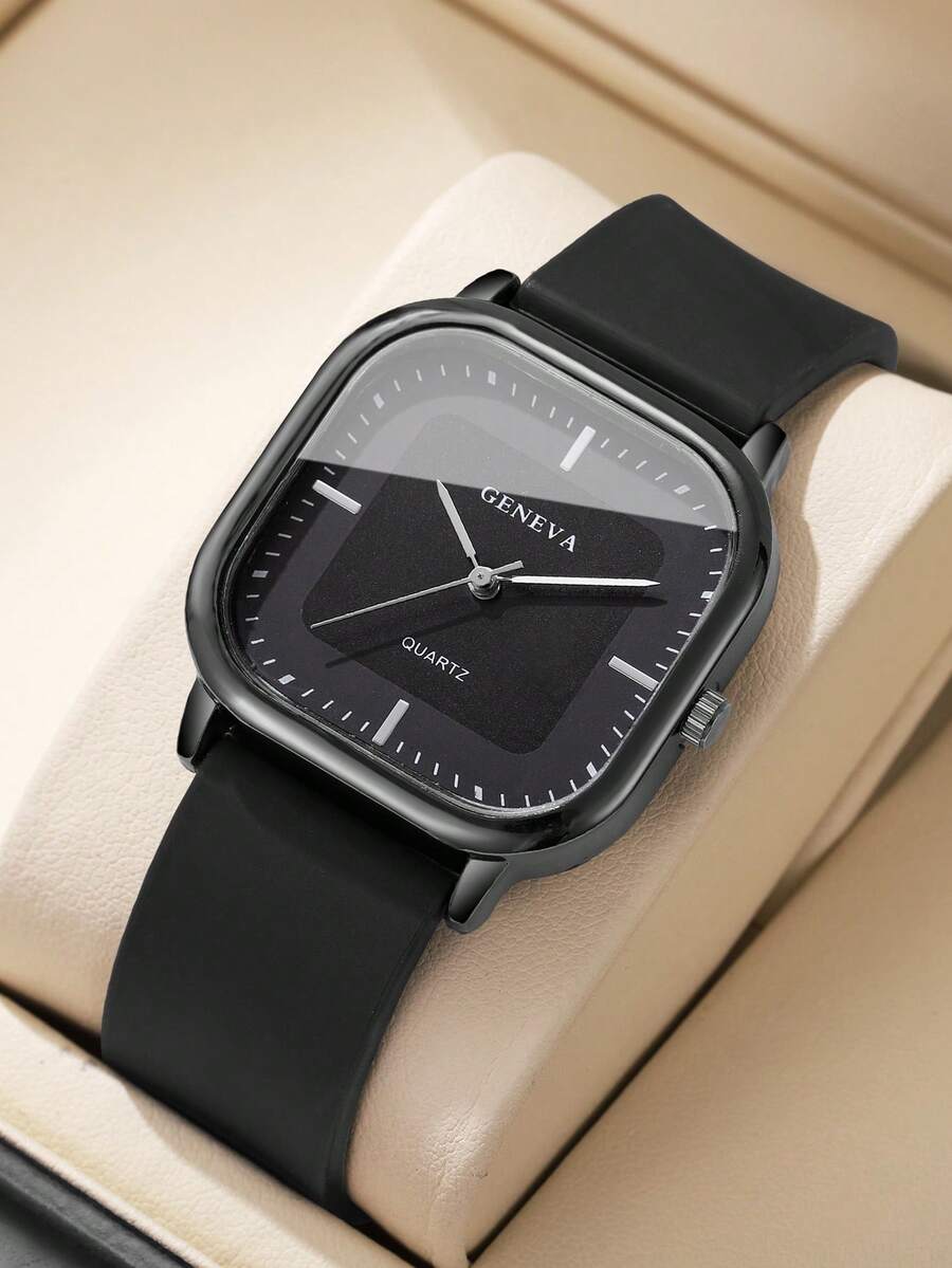 1pc Men's Silicone Strap Fashion Casual Square Minimalist Dial Quartz Wrist Watch, Classic - Black - View 1