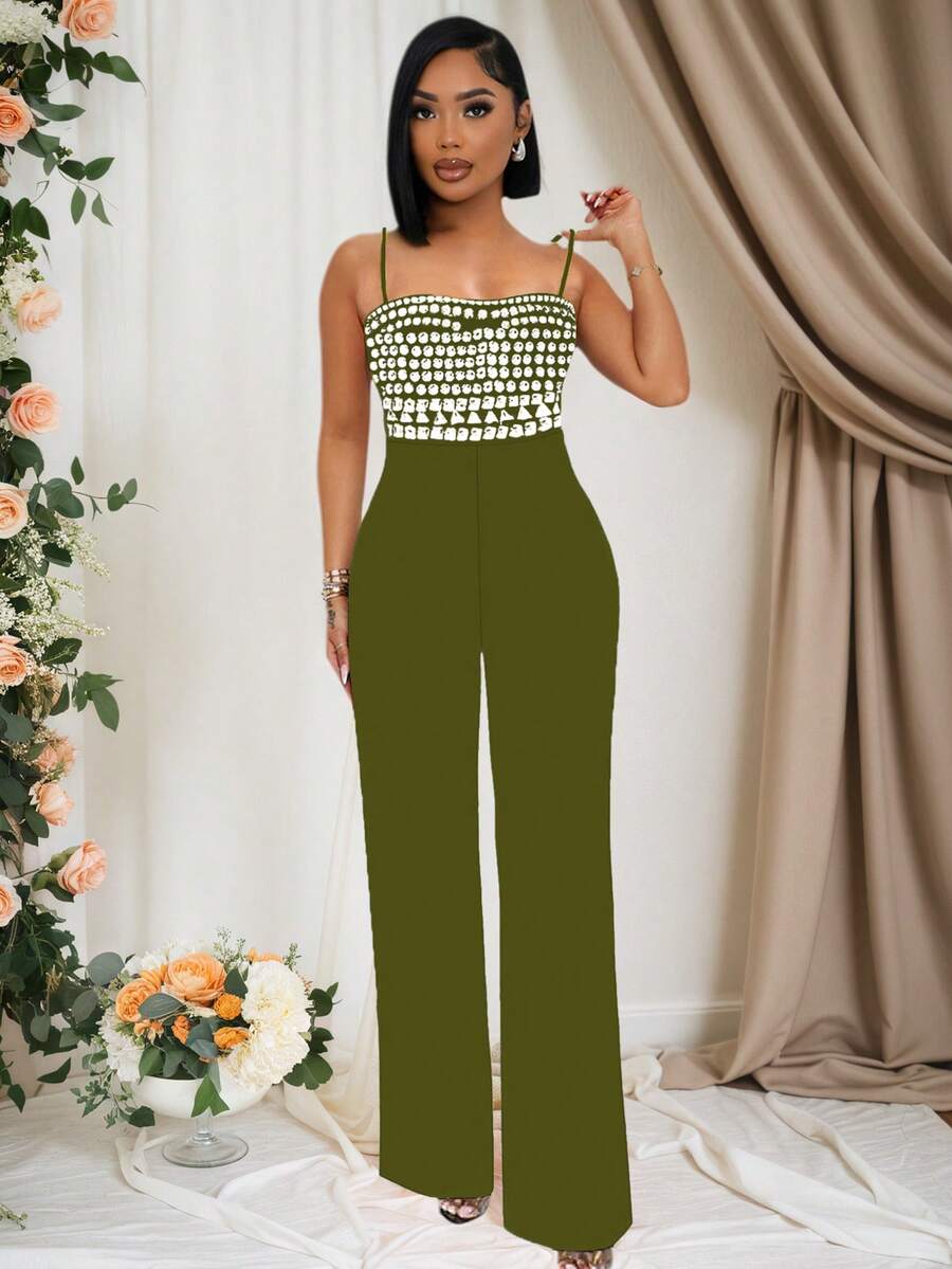 Tuta da donna senza maniche gialla, elegante per feste, con dettagli scintillanti di paillettes e strass, con spalline di strass, a gamba larga, tuta sexy da festa