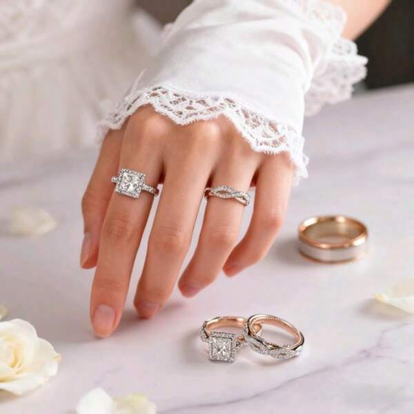 Conjunto de 3 anéis de zircônia bicolor em ouro rosa brilhante de luxo para mulheres - ideal para noivado, pedido de casamento, aniversário e dia dos namorados