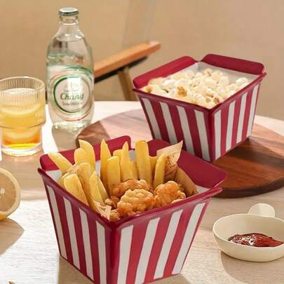 1PC Snack Bowl Creative Striped Popcorn And French Fries Snack Home Fruit Bowl Salad Bowl High Appearance Ceramic Bowl Suitable For Popcorn, French Fries, Fruits, Desserts, Salads - Kitchenware, Creative Gifts For Christmas, Housewarming, And Parties (Suitable For Family Use, Microwave And Oven Safety, Fashionable Plate, Food Enthusiasts' Choice)