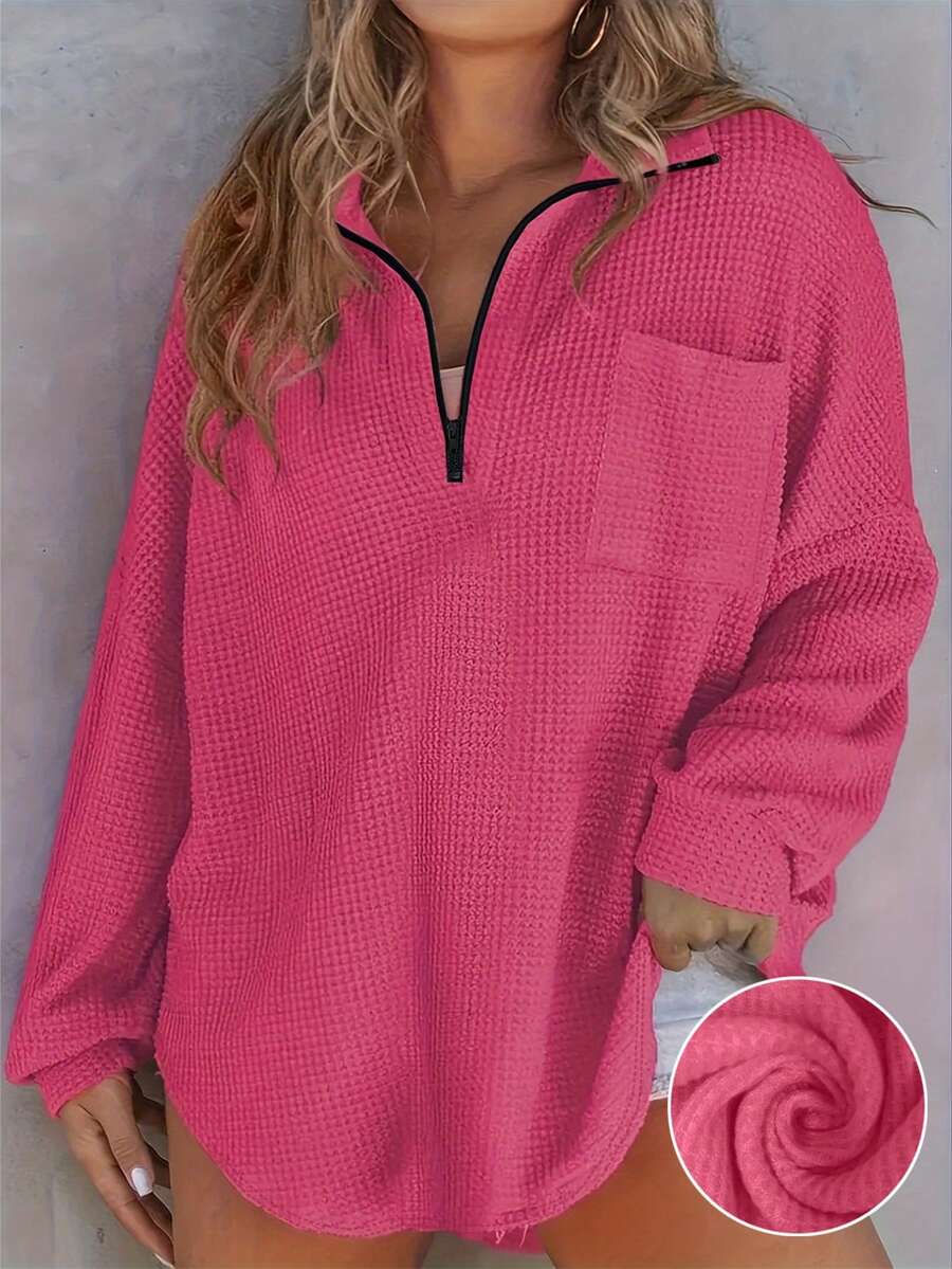 Áo dài tay dáng rộng, chất liệu dệt kim kiểu waffle, có khóa kéo và túi, cỡ lớn, kiểu dáng phổ biến mùa thu/đông của châu Âu và Mỹ, thích hợp cho mùa xuân. - Màu Hoa hồng đỏ - Xem 1