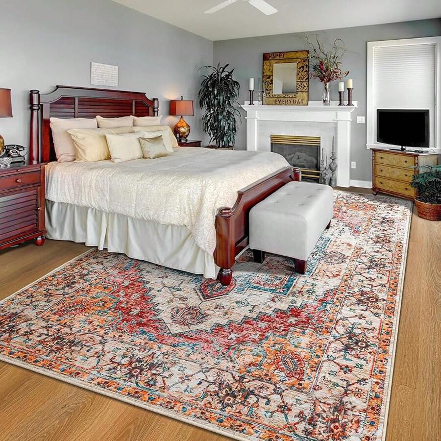 Alfombra Grande Suave de 2x7 Pulgadas Lavable Antideslizante Alfombra Clásica Adecuada para Decoración de Restaurante Oficina Hogar Alfombra de Piso Impresa Colorida de Pelo Bajo - Naranja - Ver 1