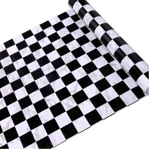 1 Roll Black & White Checkered Marble Pattern Vinyl Wallpaper, Suitable For Bedroom, Living Room, Kitchen, Bathroom, Easy To Install On Desktops And Countertops, Oil-Proof, Waterproof, Durable And Anti-Slip, Removable