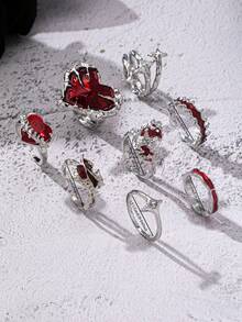 8pcs Gothic Red Heart Enamel Ring Set, Vampire Blood Moon Star Rings, Halloween Costume Party Accessories - Multicolor - View 3