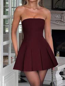Unadoll Women's Strapless, Backless, Ruched, Sexy, Elegant Vacation, Date, Back To School, Music Festival, Cocktail Party, Formal Solid Color Mini Skirt - Burgundy - View 8