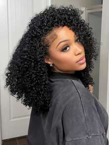CEXXY 24" Kinky Curly Human Hair Half Wig 200% Density 3-In-1 Seamless Flip In Front Human Hair Half Wig Glueless Wear And Go Beginner Friendly Deep Wave Wigs Human Hair Headband Wig With Drawstring For Women - Natural Black - 查看 2