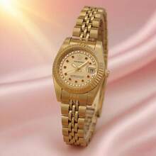 PROKING 1pc Women's Stainless Steel Gold-Tone Case & Band Business Fashion Red Crystal Quartz Watch, Elegant & Luxury, Suitable For Daily Decoration, Birthday Gift - Gold - View 12