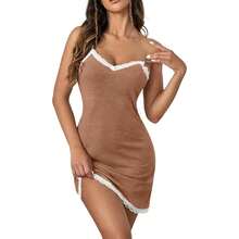 Sexy Lace Strap Babydoll Chemise Nightgown V Neck Full Slip Nightdress, 2025 Fashion Style - 卡其色 - 查看 4