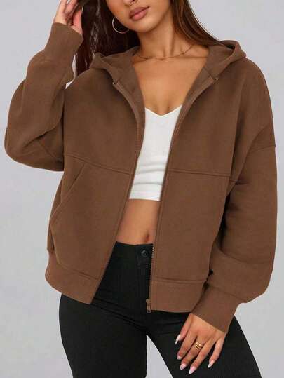 Chaqueta con cremallera de punto liso de poliéster casual, para uso diario y escolar, otoño/invierno