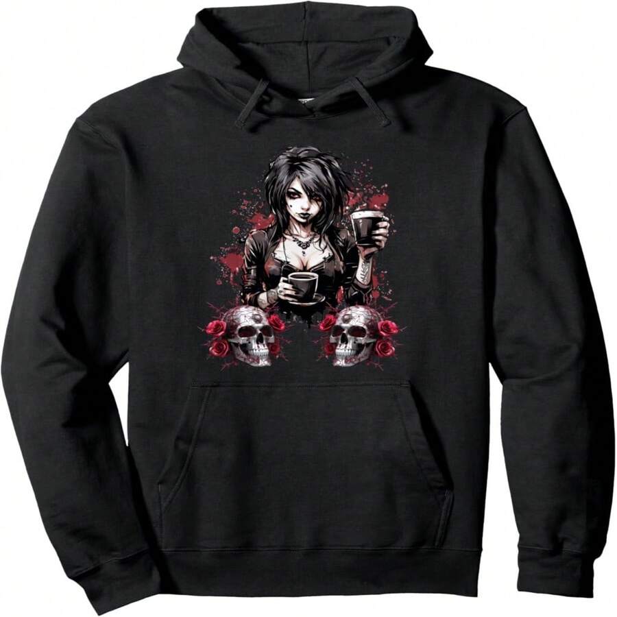 Gothic Woman Roses Skull Emo Aesthetic Skeleton Reaper Art Pullover Hoodie - Black 23 - View 1