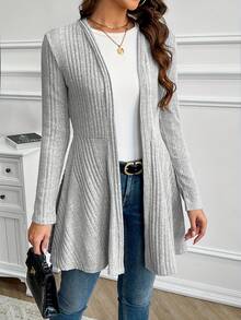 Women's Solid Color Textured Casual Long Sleeve CardiganWomen's Casual Solid Color Ribbed Knit Jacket - 灰色 - 查看 3