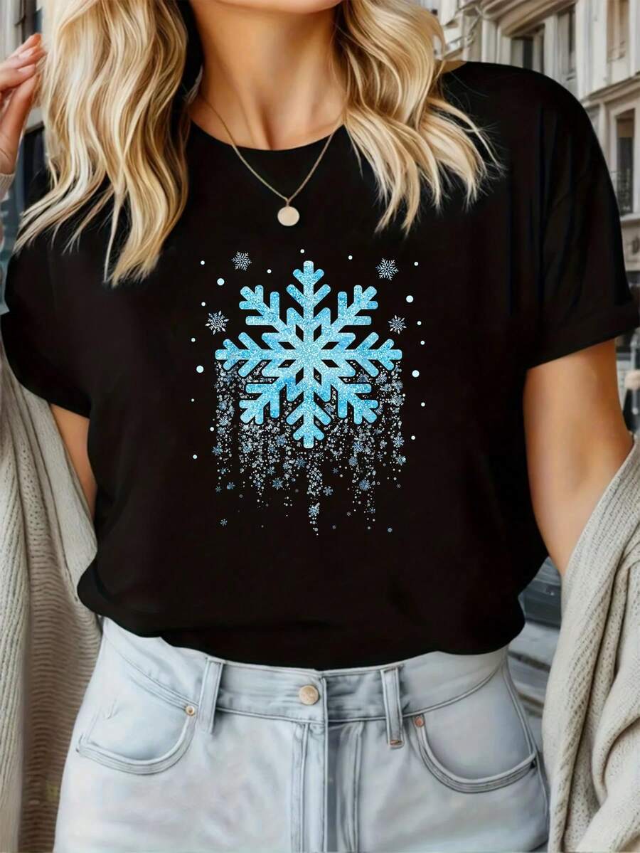 100% Algodón Unisex Camiseta Temática de Navidad Difunde Amabilidad Como Copos de Nieve Feliz Navidad, Camiseta Impresa de Cuello Redondo y Manga Corta - Negro 6 - Ver 1