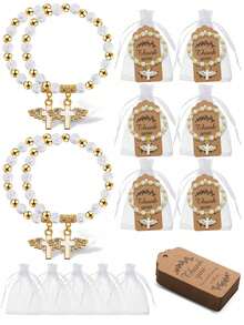 Set cadou brățară rozariu cu cruce și aripi de înger, 72 buc/24 seturi - Include brățară, pungă cadou și etichetă de mulțumire, pandantiv cruce cu brățară rozariu cu mărgele acrilice cu aripi de înger pentru femei și bărbați, botez, comuniune, nuntă, petrecere, Crăciun, cadou mic, en-gros (36/72 buc)