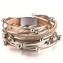 Multi-Layer PU Leather Bangle For Women - Fashion Diamond-Inlaid Leopard Print, Magnetic Closure - 銀色 - 查看 4