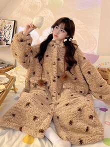 1set Women's Super Warm Teddy Fleece Hooded Bathrobe - Oversized Polka Dot Loungewear With Pom Pom Drawstring & Roomy Pockets, Ultra-Soft Plush Robe For Home Lounging, Book Reading Nooks, Cozy Movie Nights & Cold Winter Days Errands - Multicolor - View 4