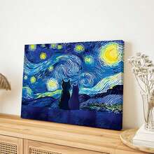 1 pieza Pintura en lienzo de arte, Pintura al óleo de Van Gogh en lienzo, Póster de gato bajo las estrellas, Decoración de pared para baño, dormitorio, oficina, sala de estar, sin marco, pósteres para habitación, decoración del hogar, decoración de habitación vintage, decoración de pared Cottagecore
