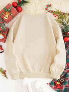 女士休闲长袖圆领毛衣，带圣诞树蝴蝶结印花百搭套头衫，秋季服装，冬季服装，圣诞服饰 - 卡其色 - 查看 2