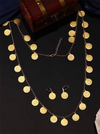 1 Set 22K Gold Plated Coin Pendant Necklace, Earrings, Bracelet Jewelry Set, Fashionable & Unique For Women, Wedding & Party