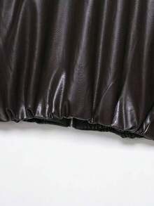 HH Damen Herbst Kunstleder braune Bomberjacke mit Kragen, Saum Raffungen, Reißverschluss Jacke für die Straße