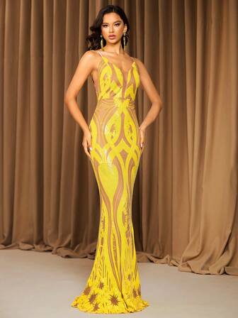 Yellow Deep V-Neck Sequin Backless Long Evening Gown (Front Top Half, Back Random Floral Pattern, Not Matched Placement)