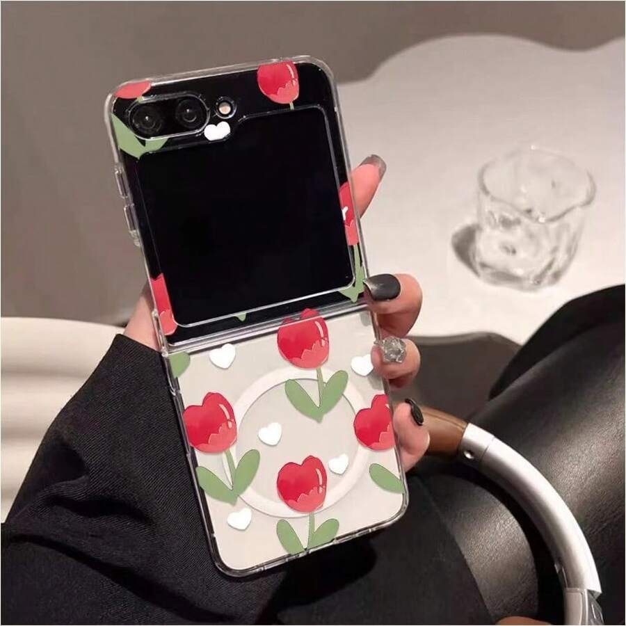 Funda plegable magnética con diseño de tulipán y corazón para Samsung Galaxy Z Flip3 5G/Galaxy Z Flip 4 5G/Galaxy Z Flip 5 5G/Galaxy Z Flip 6 5G/Galaxy Z Flip 7 5G, diseño adorable y romántico para mujeres