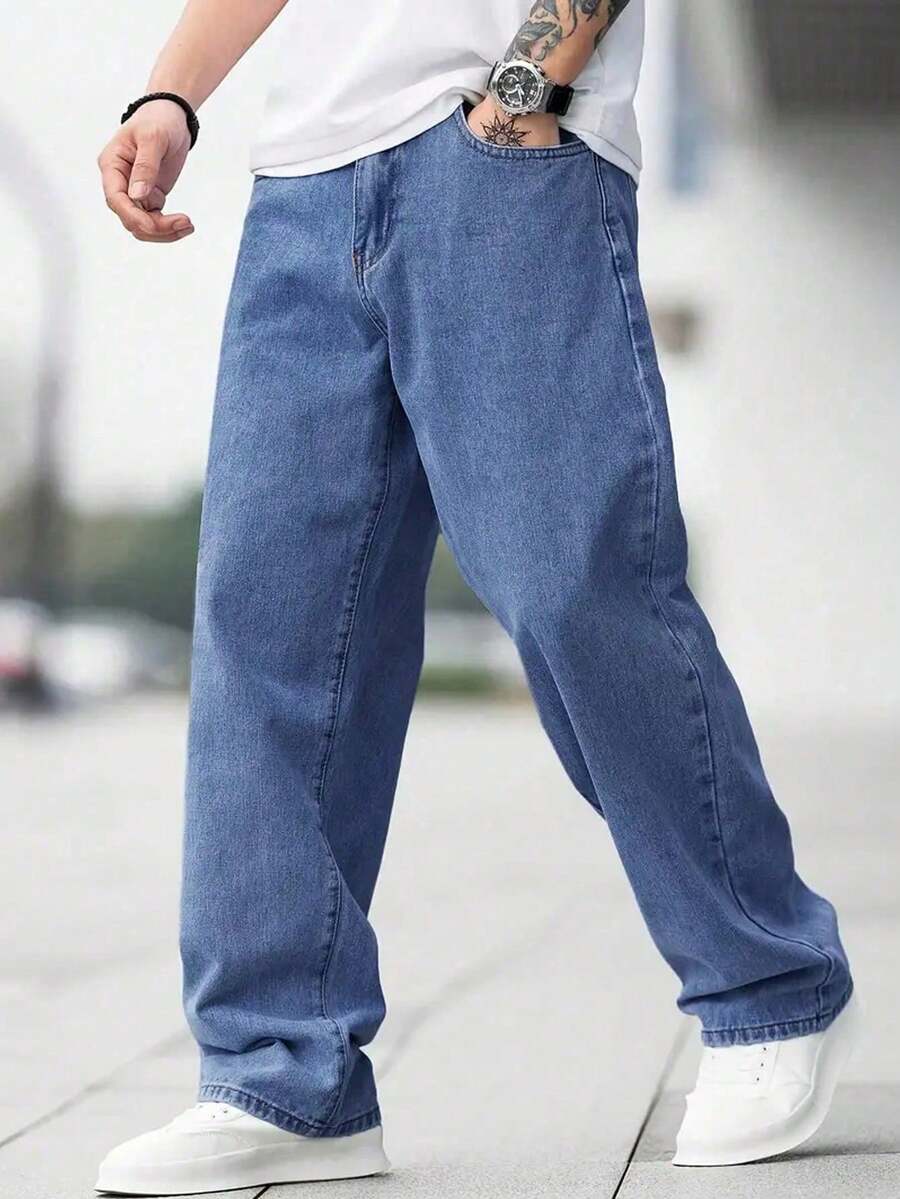Men's Fashionable Retro Straight-Leg Jeans Young Hiphop - Teal Blue - View 1