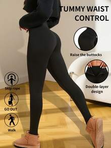 Women's Autumn & Winter Warm Pants - Fleece-Lined Brushed Slimming Leggings With Tummy Control, Butt Lifting, Zipper, Pockets & Yoga Function - 黑色 - 查看 3