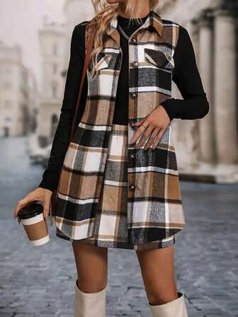 1 Conjunto de Estilo Casual a Cuadros con Botones y Bolsillos para Mujer, Apto para Primavera y Otoño