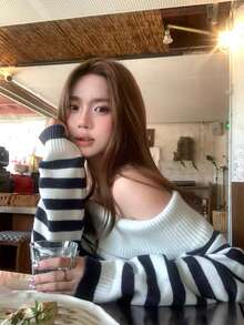 Korean Style Striped Off-Shoulder Knit Long Sleeve Sweater Top (Random Stripe) - White and Navy Stripes - View 2