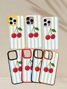 Cute Cherry Print Striped Design Phone Case For Teens Aesthetic Summer Pattern Protective Cover Shockproof Compatible With  17 Promax /  17pro/  Air/  17 - màu nâu - Xem 8
