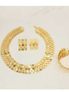 18K Gold Plated 4pcs Vintage Multilayer Gold Necklace, Earrings, Bracelet Jewelry Set, Fashionable & Versatile For Women