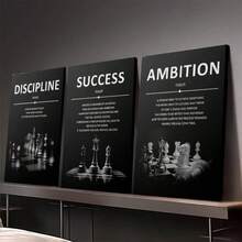 三幅装裱帆布画/海报，可直接悬挂，是办公室的理想装饰，包含励志名言和国际象棋元素，适合家居装饰、墙面艺术、房间装饰，高清印刷，是客厅、卧室、餐厅、办公室的绝佳礼物。 - 彩色 - 查看 1