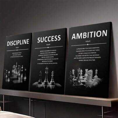 三幅装裱帆布画/海报，可直接悬挂，是办公室的理想装饰，包含励志名言和国际象棋元素，适合家居装饰、墙面艺术、房间装饰，高清印刷，是客厅、卧室、餐厅、办公室的绝佳礼物。