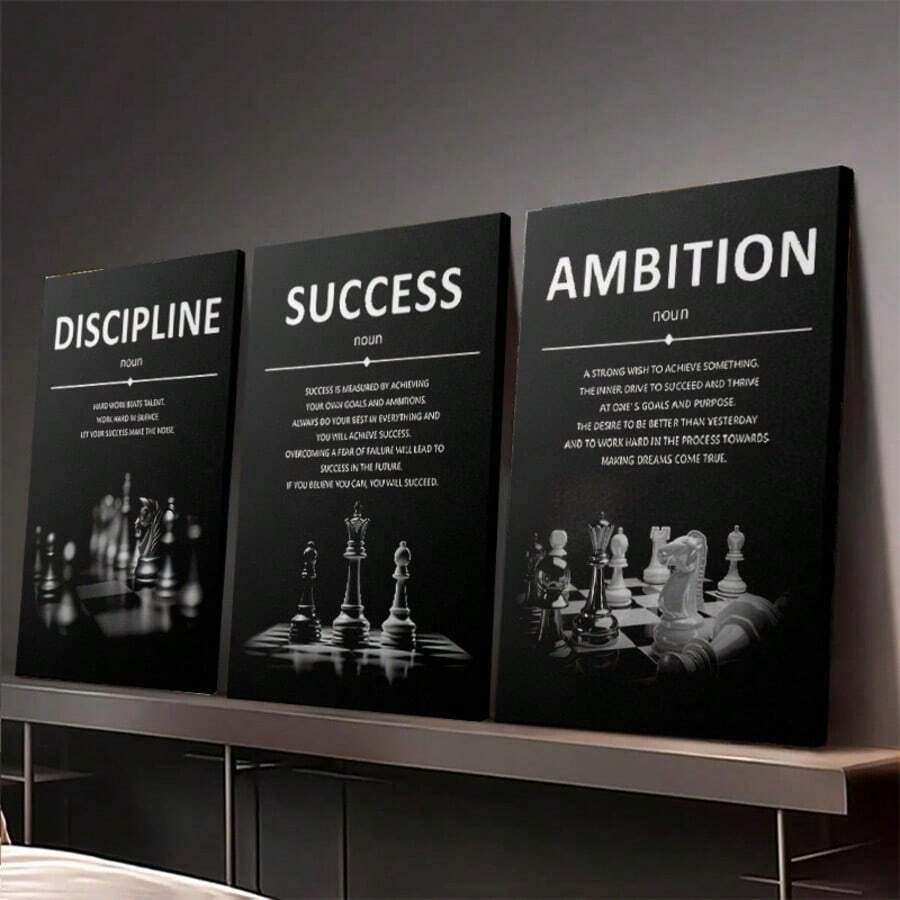 三幅装裱帆布画/海报,可直接悬挂,是办公室的理想装饰,包含励志名言和国际象棋元素,适合家居装饰、墙面艺术、房间装饰,高清印刷,是客厅、卧室、餐厅、办公室的绝佳礼物。 - 彩色 - 查看 1