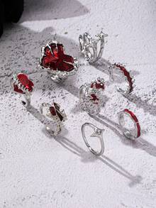 8pcs Gothic Red Heart Enamel Ring Set, Vampire Blood Moon Star Rings, Halloween Costume Party Accessories - Multicolor - View 2
