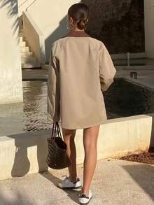 Women's Contrast Color Lapel Raglan Sleeve Single-Breasted Casual Regular Jacket - Khaki - View 4