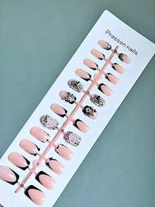 Y2K 24Pcs Set French Style Black & White Tie Dye Polka Dot Press-On Nails, Reusable, With Bowknot, Star Rhinestones, Cute & Chic, Suitable For Dates, Spring, New Year, Christmas, Daily, Birthday, Festival, Spring/Summer New Arrival Nail Supplies Nails - 黑白3 - 查看 5