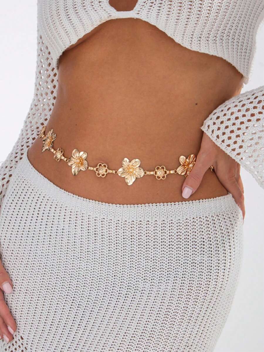 1 pieza Cadena de cintura de lujo dorada, diseño de joyería de cadena corporal floral de moda, adecuada para uso diario, decoración, fiesta, festival de música
