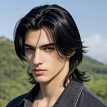 男士假发，适合室内外日常佩戴，中分发型，黑色，耐热透气