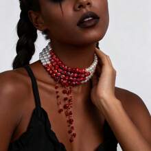 A Sweet Cool Halloween Gothic Style Multi-Layer Blood Drop Beaded Tassel Choker Design Sense Activities Party Party Sexy Personality Hip Hop Street Style Light Luxury Fashion Ladies Neckwear Party Favors, Halloween, The Best Choice For Christmas Party Gifts - 萬聖節多層血滴串珠流蘇choker - 查看 2