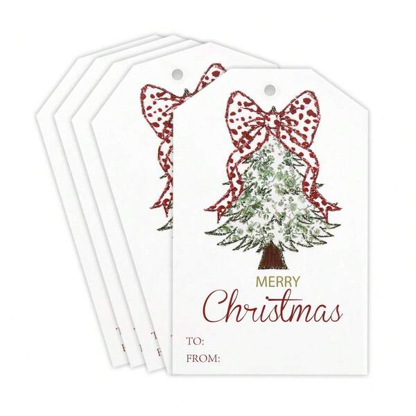 Etiquetas navideñas de papel para regalos, envoltorios y etiquetas de regalo de Navidad. Etiquetas de papel modernas para Navidad (Lazo rojo). Adornos navideños para el árbol, Topper para árbol de Navidad (Sin cuerda)