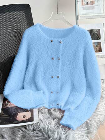 女式人造毛皮毛衣 - 优雅舒适开衫，金属纽扣，长袖，前开襟，秋冬