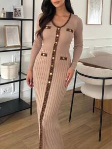 Elegant Casual Knit Dress, Leopard Print Patchwork Color Block Dress, Vintage Style, Fashionable Minimalist Commuter Outfit, Suitable For Parties, Gatherings, Evenings, And Daily Wear, New Year, Thanksgiving Attire - Khaki - View 3