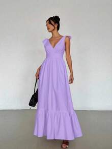 Maxi Vestido de Tirantes Ajustable con Escote en V o Pico Profundo, con Volante en el Bajo Casual para Mujer - Lila Púrpura - Ver 2